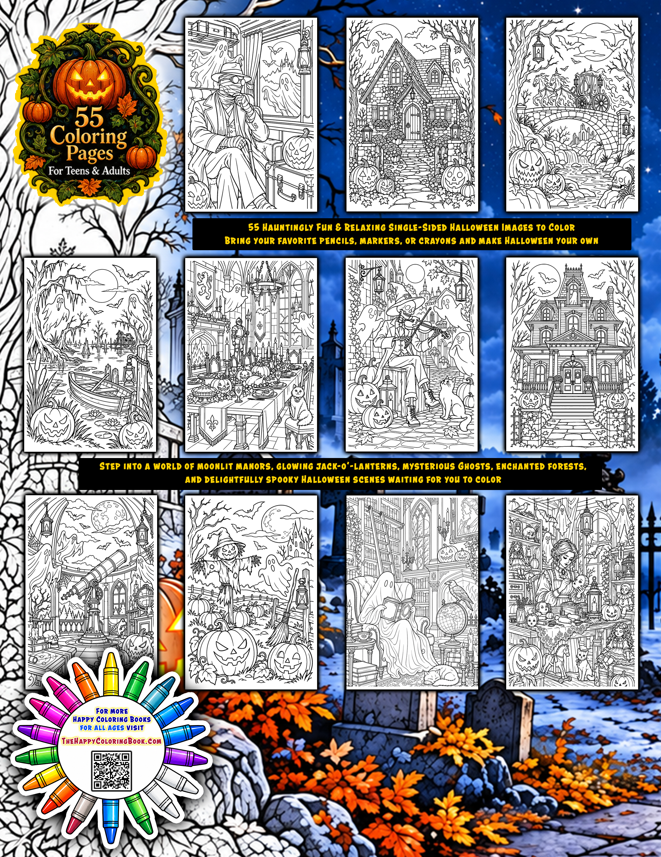 Back cover showing Halloween coloring page previews